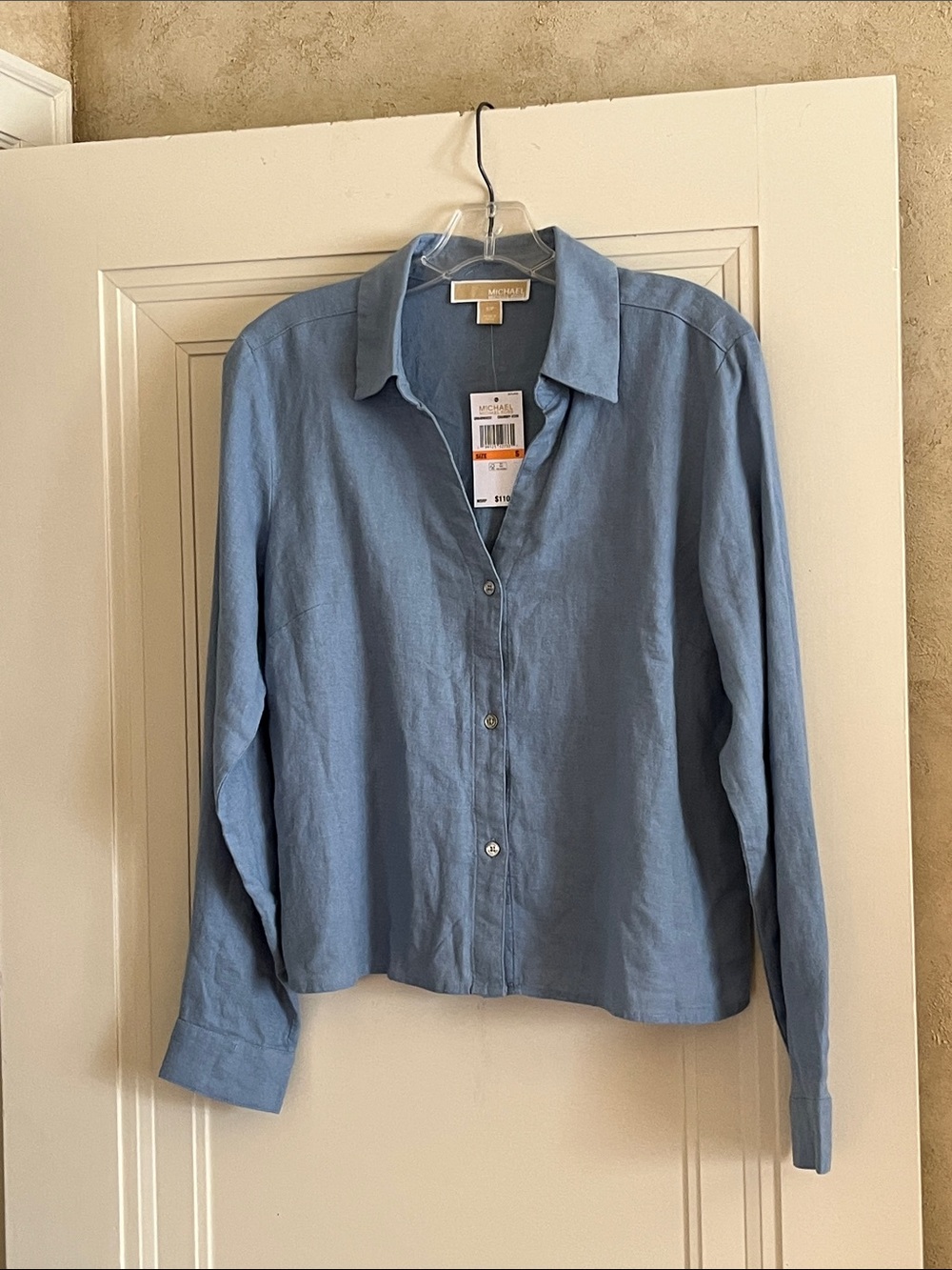 NWT Michael Kors Linen Blend Button Down Top Color Chambray Heather Size S